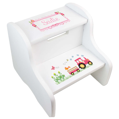 Personalized White Step Stool With Pink Tractor Design