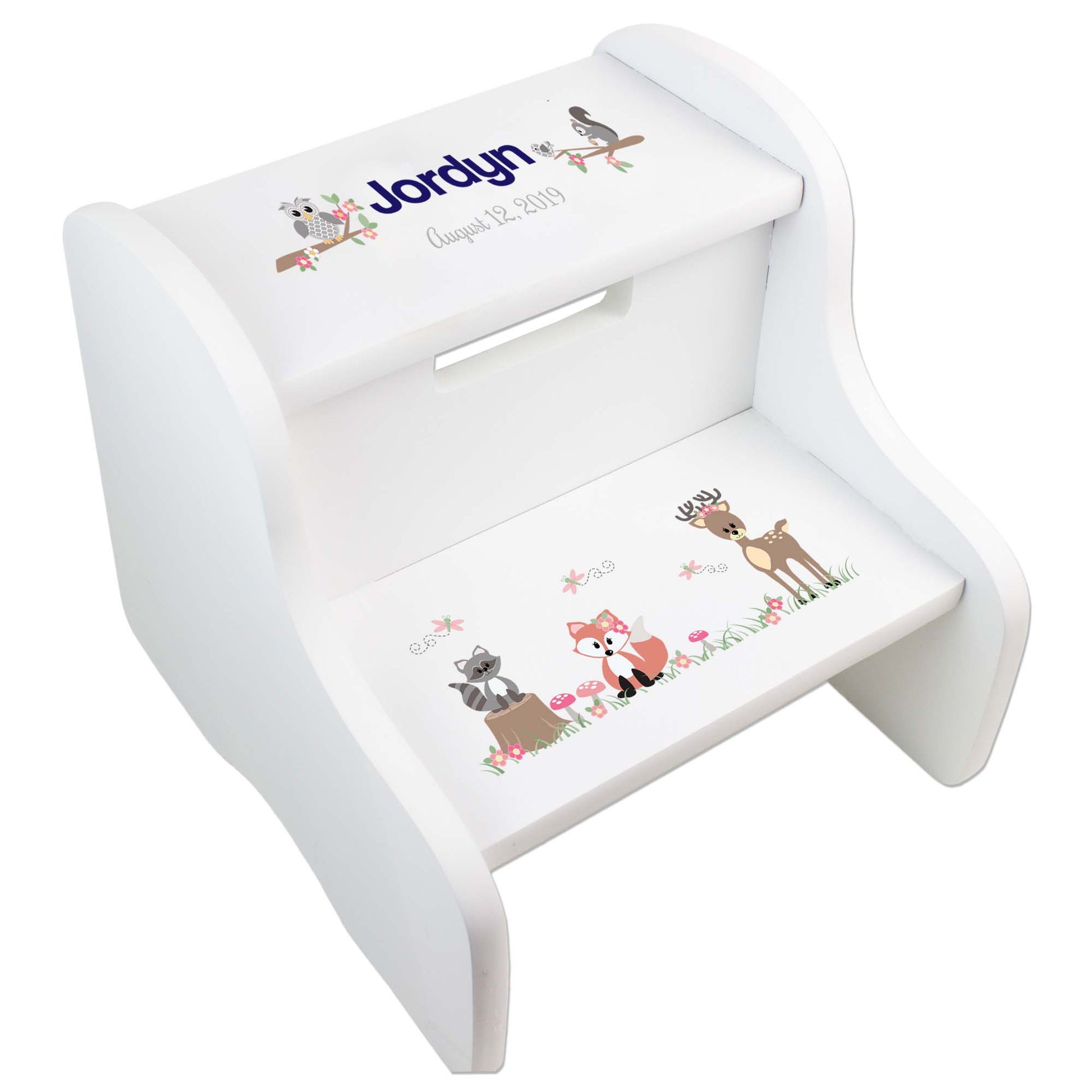 Personalized Gray Woodland Critters White Two Step Stool
