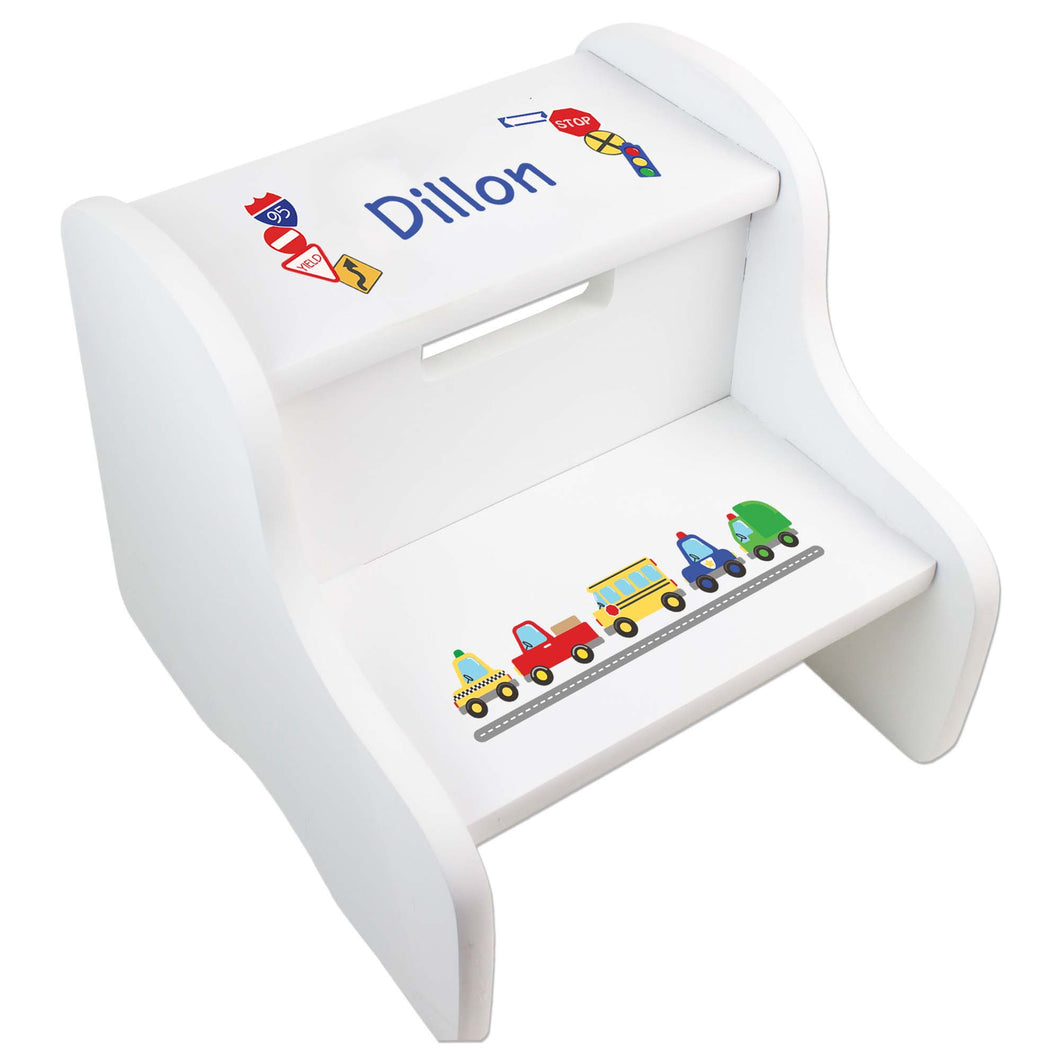 Personalized Cars And Trucks White Step Stool