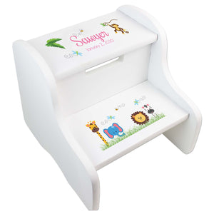 Personalized White Step Stool With Jungle Animals Boy Design