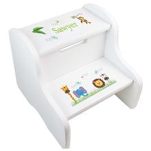Personalized White Step Stool With Jungle Animals Boy Design
