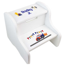 Personalized White Step Stool With Race Cars Design