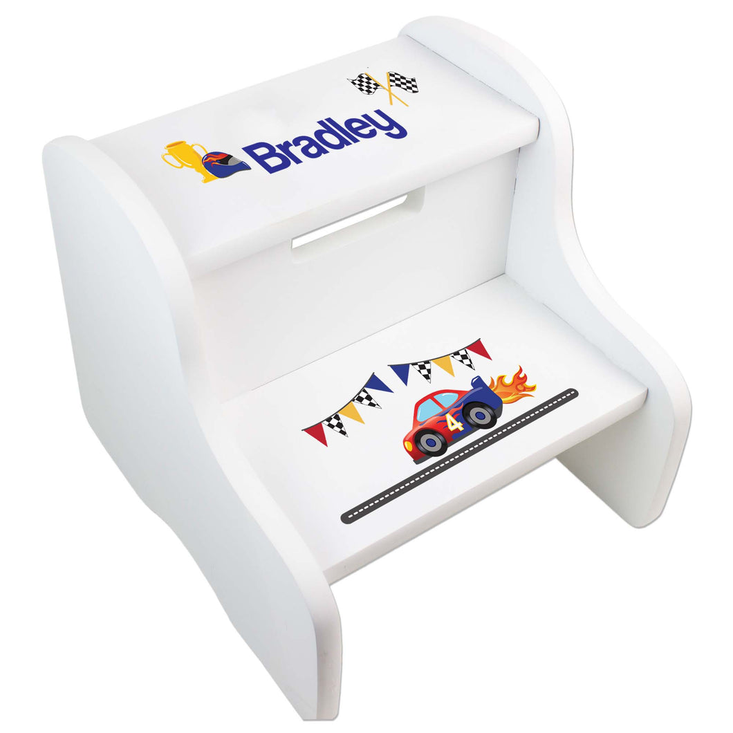 Personalized White Step Stool With Race Cars Design
