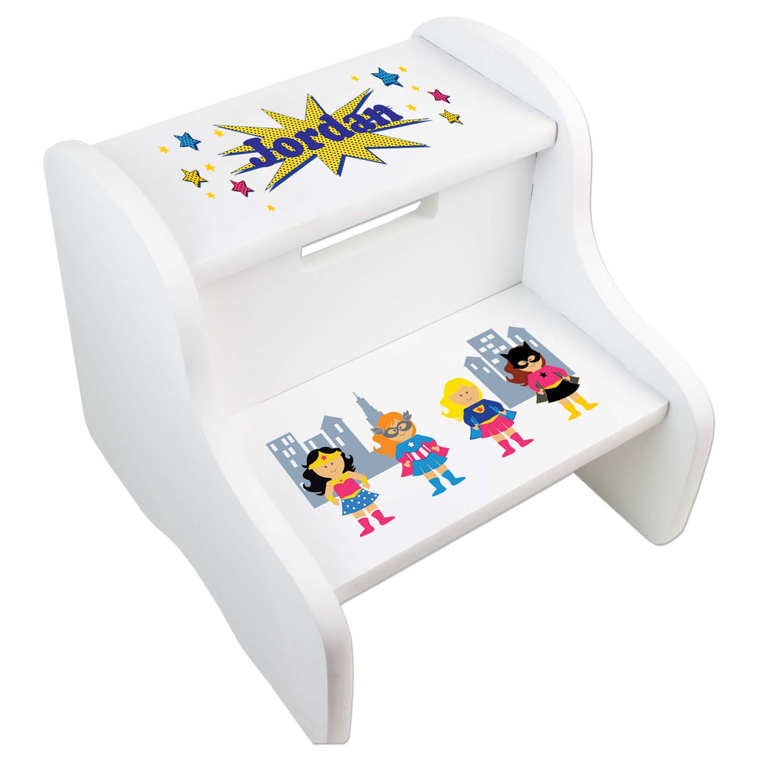 Personalized Girls Superhero White Two Step Stool