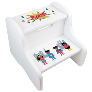 Personalized White Step Stool With Super Hero Girl African American Design