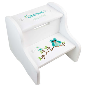 Personalized Blue Gingham Owl White Two Step Stool