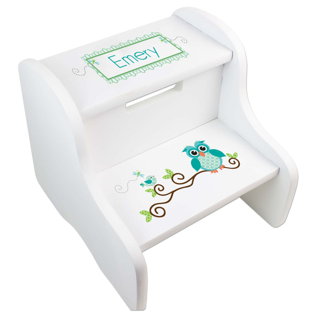 Personalized Blue Gingham Owl White Two Step Stool