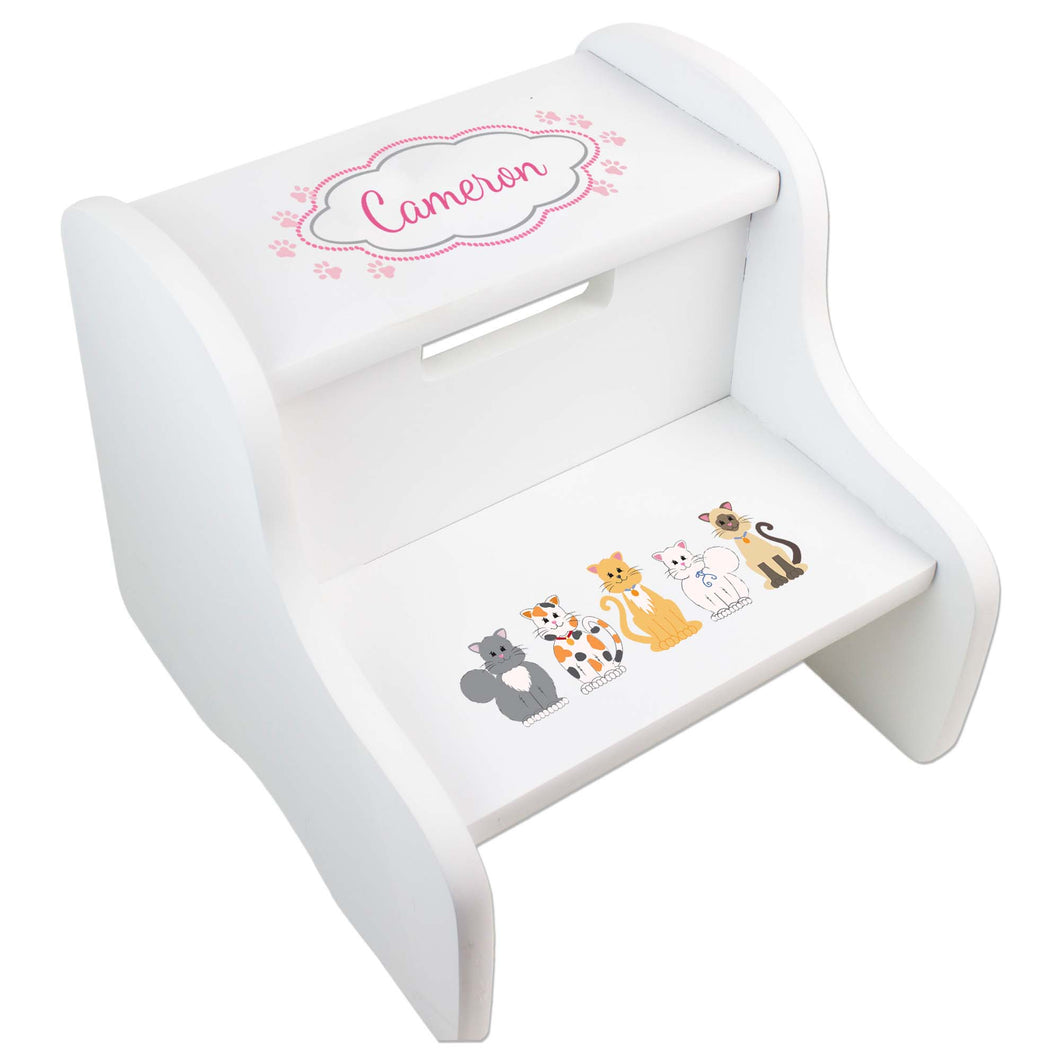 Personalized Pink Cats Natural Two Step Stool