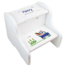 Personalized White Step Stool With Blue Farm Truck Design