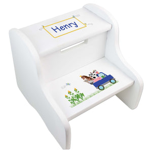Personalized White Step Stool With Blue Farm Truck Design