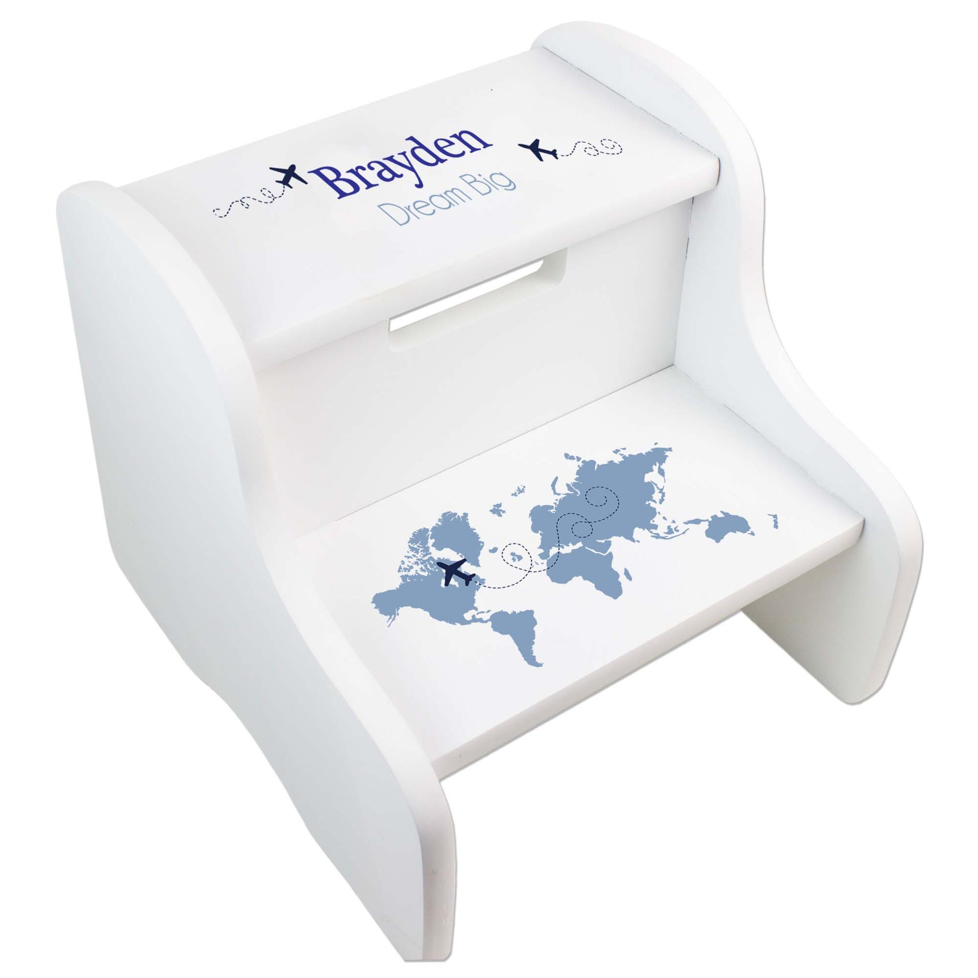 Personalized World Map Blue White Two Step Stool