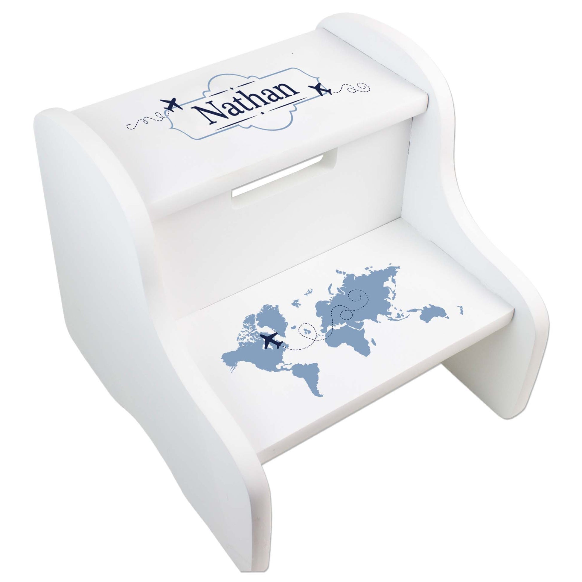 Personalized World Map Blue White Two Step Stool