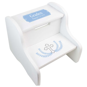 Personalized Cross Garland Light Blue White Two Step Stool