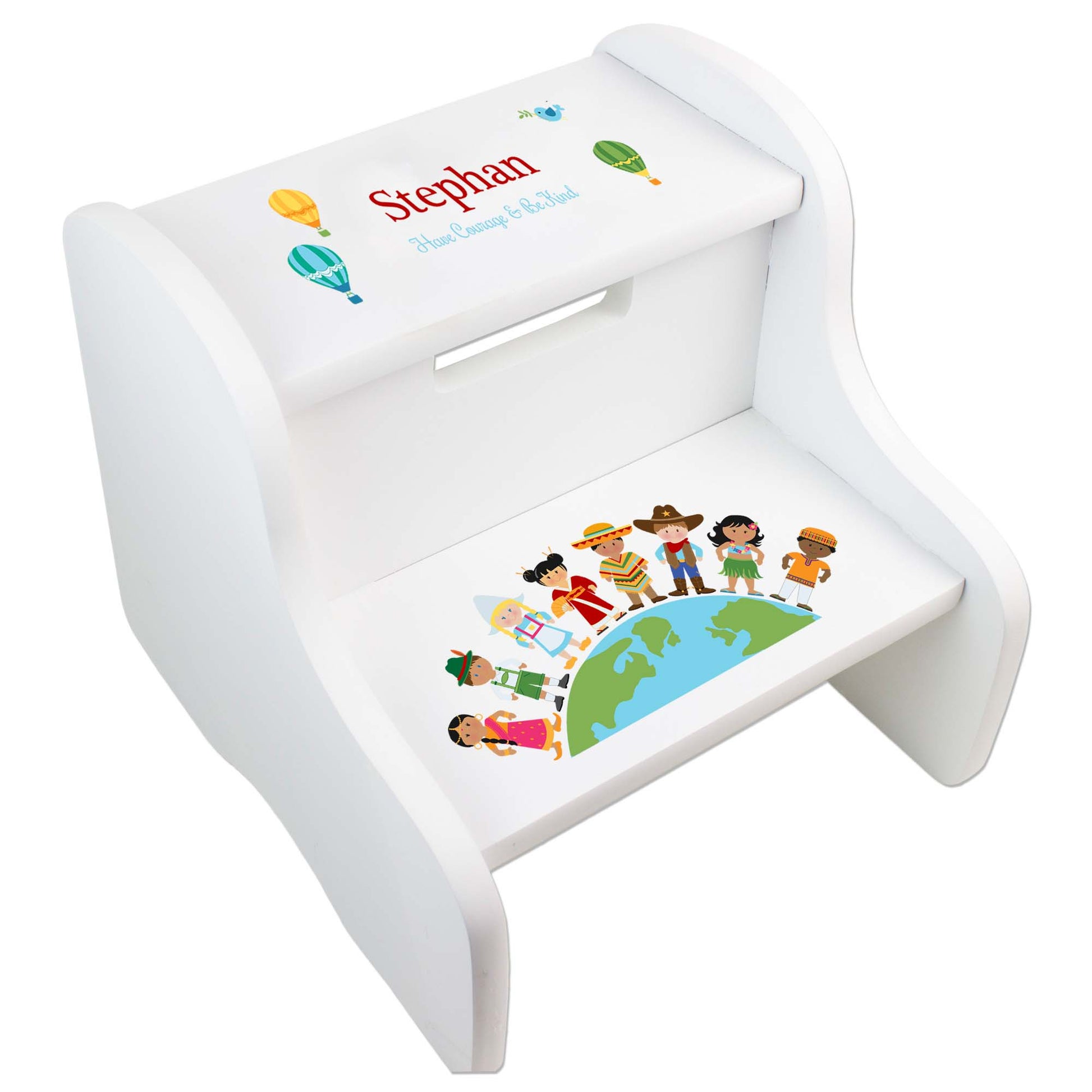 Personalized Small World White Two Step Stool