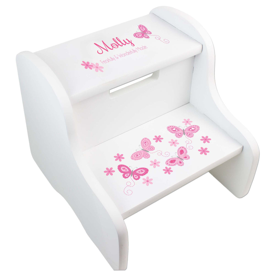 Personalized White Step Stool With Pink Butterflies Design
