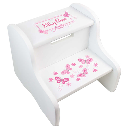Personalized White Step Stool With Pink Butterflies Design