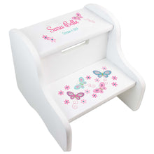Personalized White Step Stool With Aqua Butterflies Design