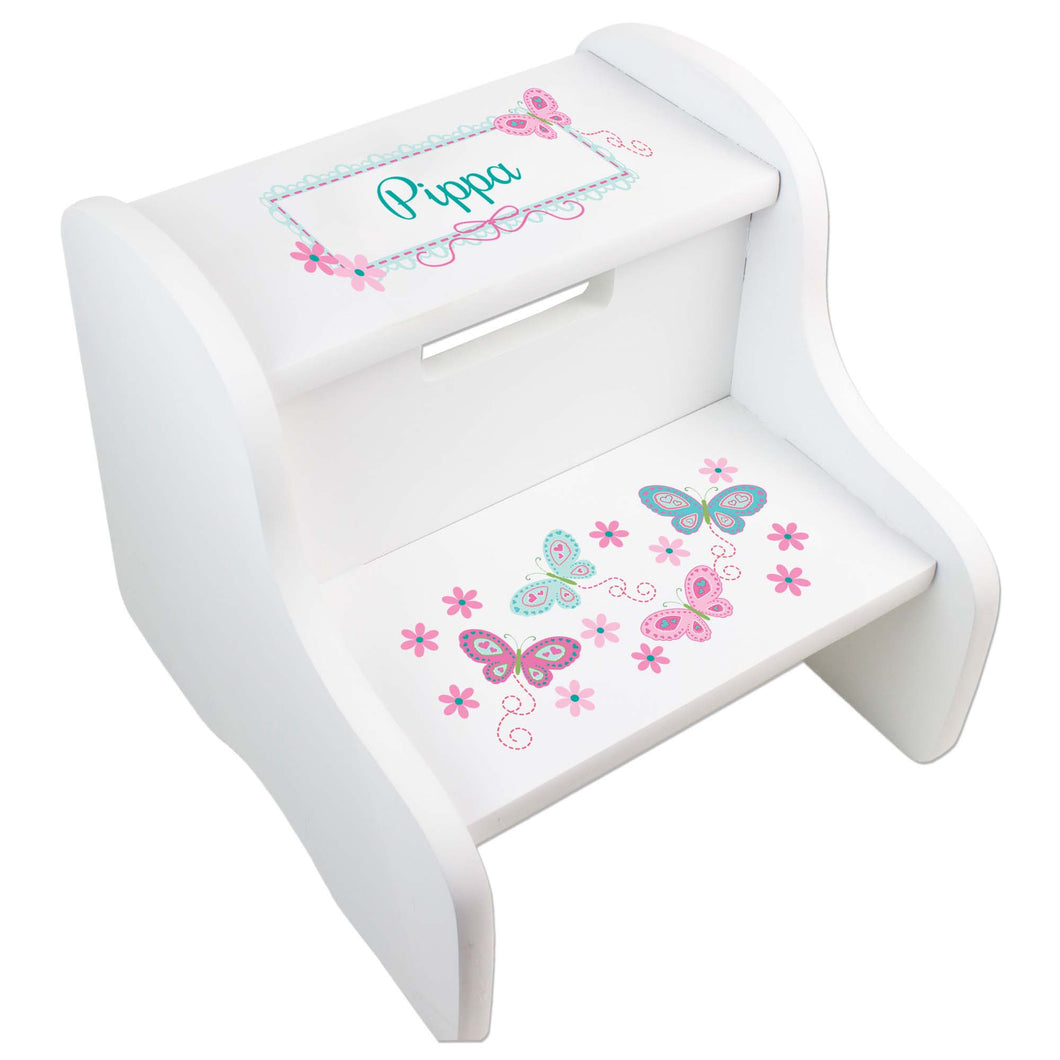 Personalized White Step Stool With Aqua Butterflies Design