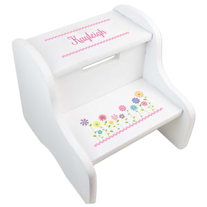Personalized Stemmed Flowers White Step Stool
