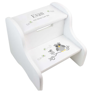 Personalized Gray Owl White Two Step Stool