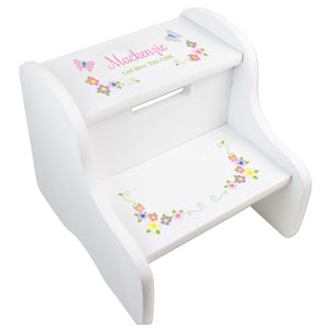 Personalized Pink And Gray Butterflies White Two Step Stool