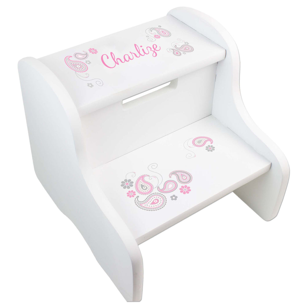 Personalized Paisley Pink Gray White Two Step Stool