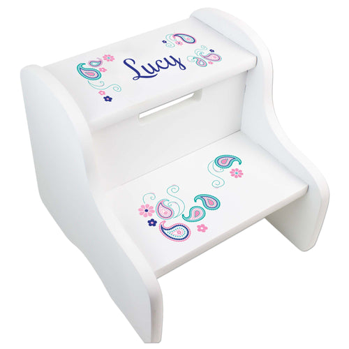 Personalized Paisley Teal And Pink White Two Step Stool