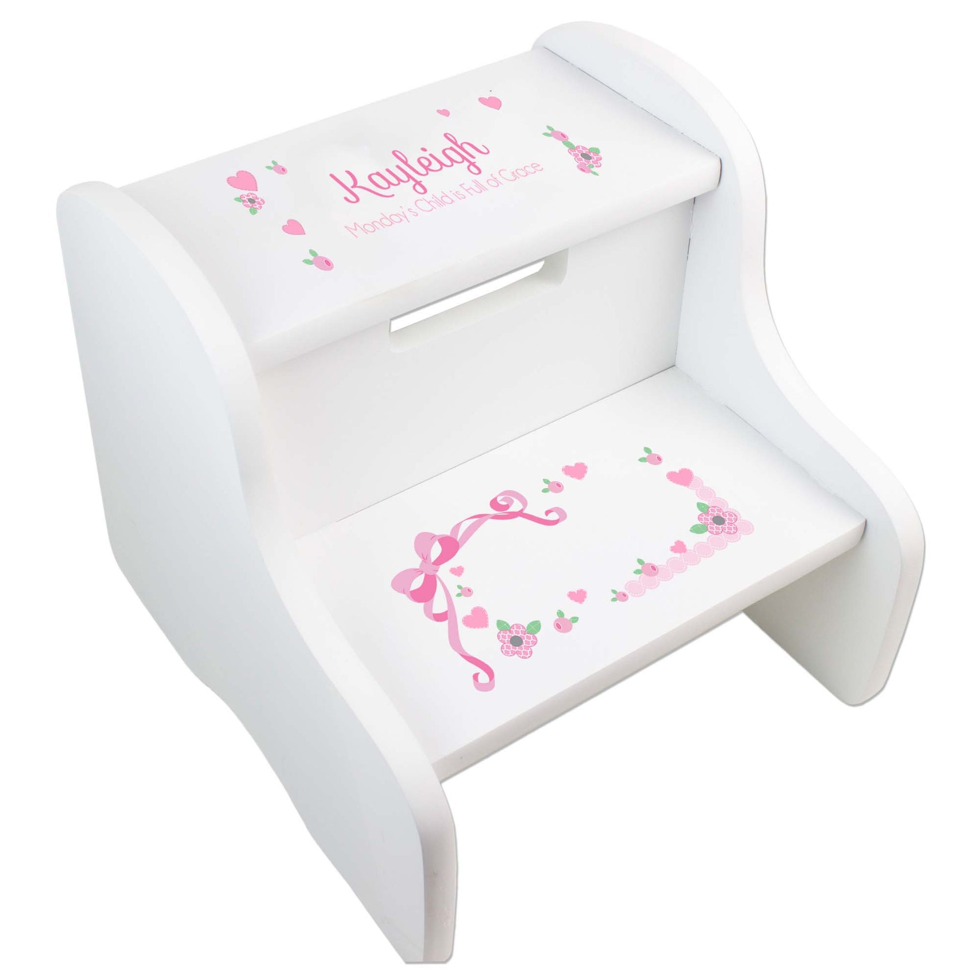 Personalized White Step Stool With Pink Bow Design
