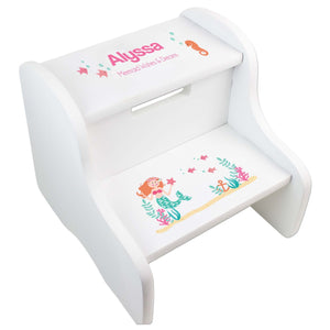 Personalized Brunette Mermaid Princess White Two Step Stool