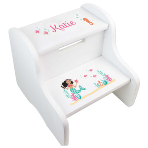 Personalized African American Mermaid Princess White Two Step Stool