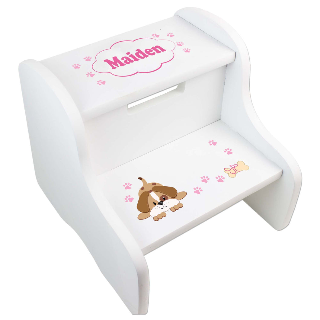 Personalized Pink Puppy White Two Step Stool