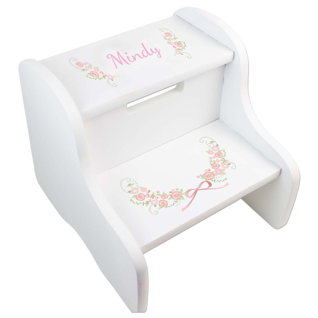 Personalized Floral Garland White Two Step Stool