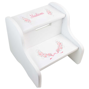 Personalized Pink Gray Floral Garland White Two Step Stool