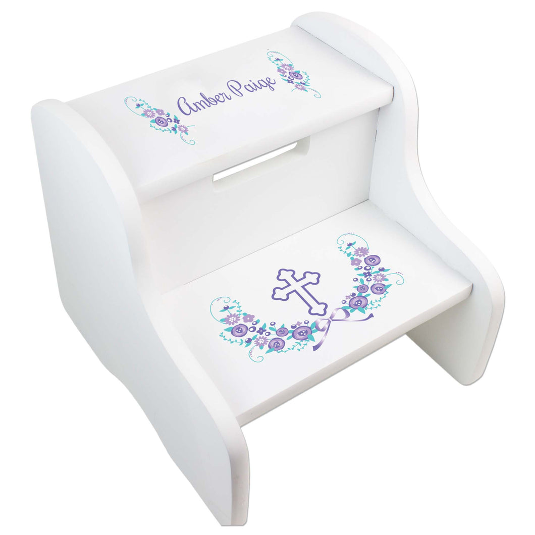 Personalized Holy Cross Lavender Floral Garland Design Fixed White Stool