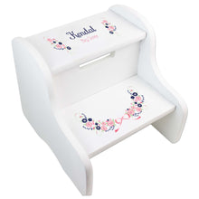 Personalized Navy Pink Floral Garland White Two Step Stool