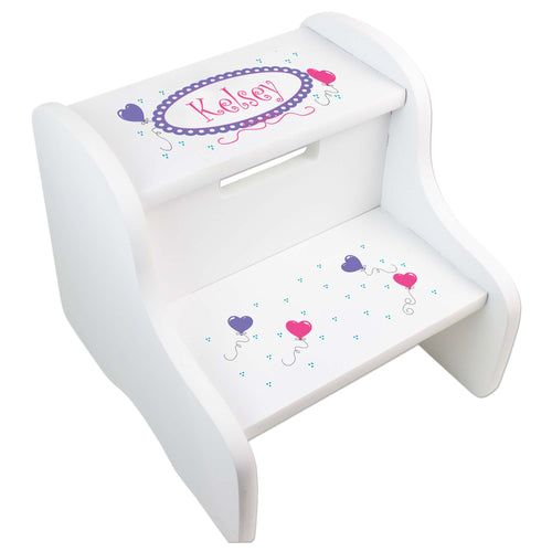 Personalized Girls Heart Balloon White Step Stool