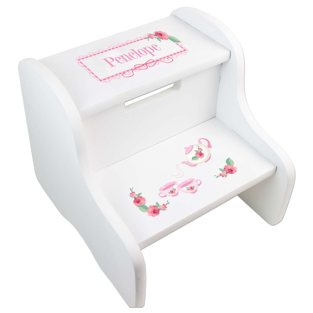 Personalized Tea Party White Two Step Stool