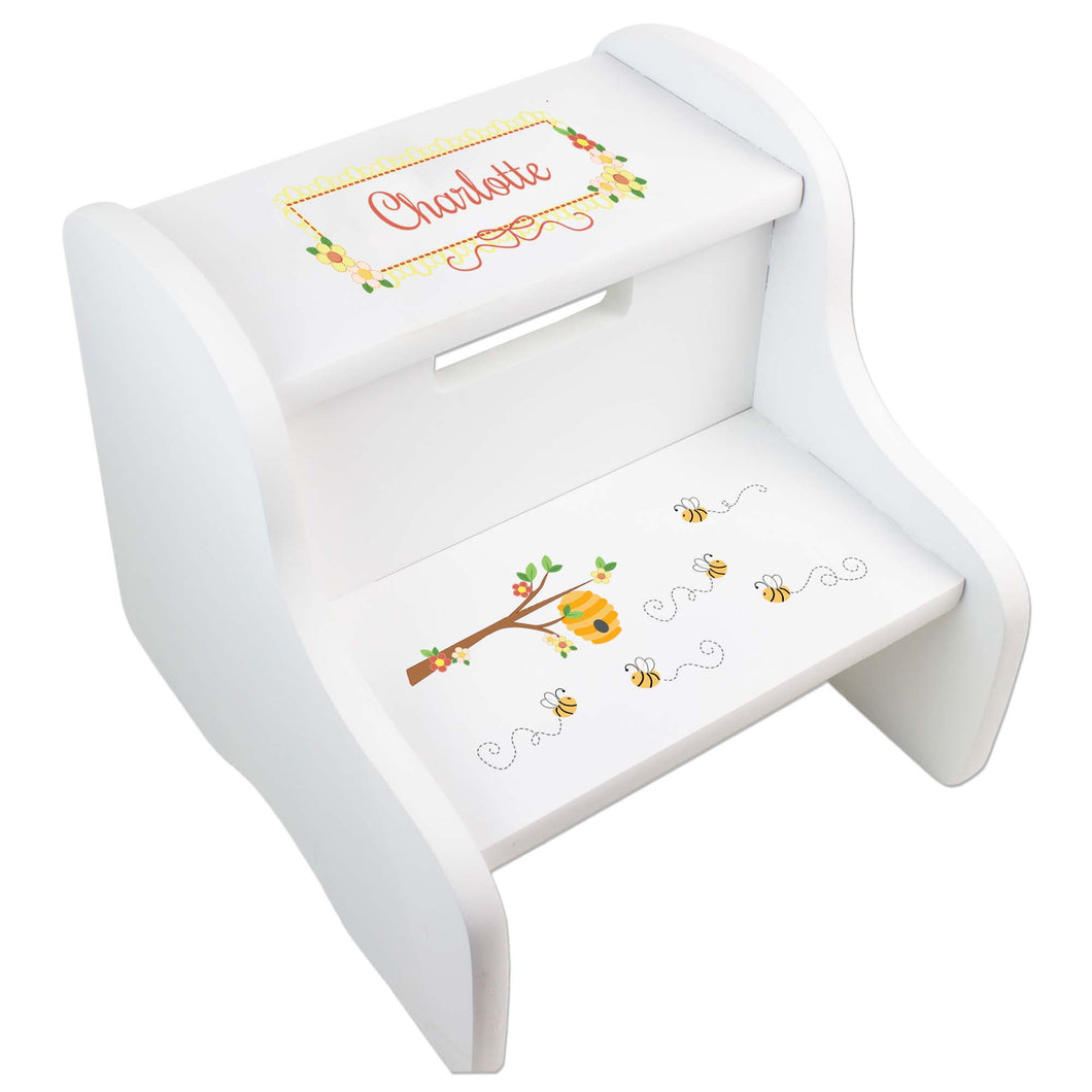 Personalized White Step Stool With Honey Bees Design