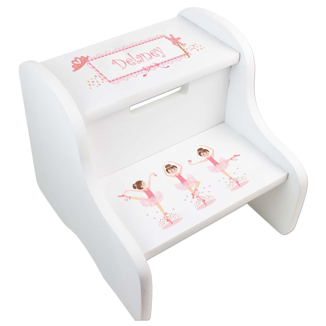 Personalized Ballerina Brunette White Two Step Stool