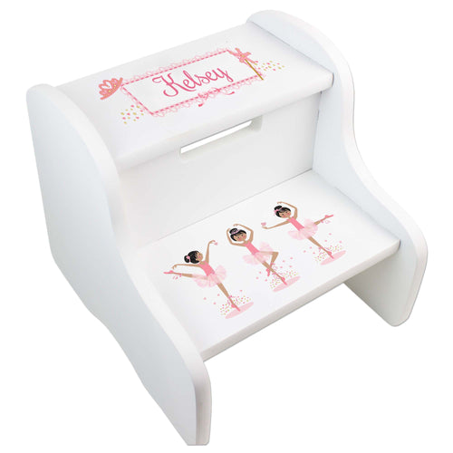 Personalized Ballerina Black Hair White Two Step Stool