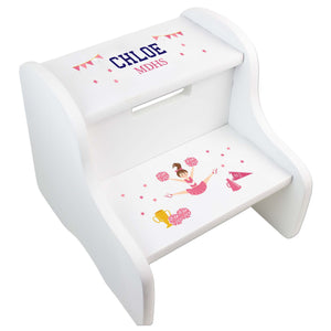 Personalized Cheerleader Brunette Pink White Two Step Stool