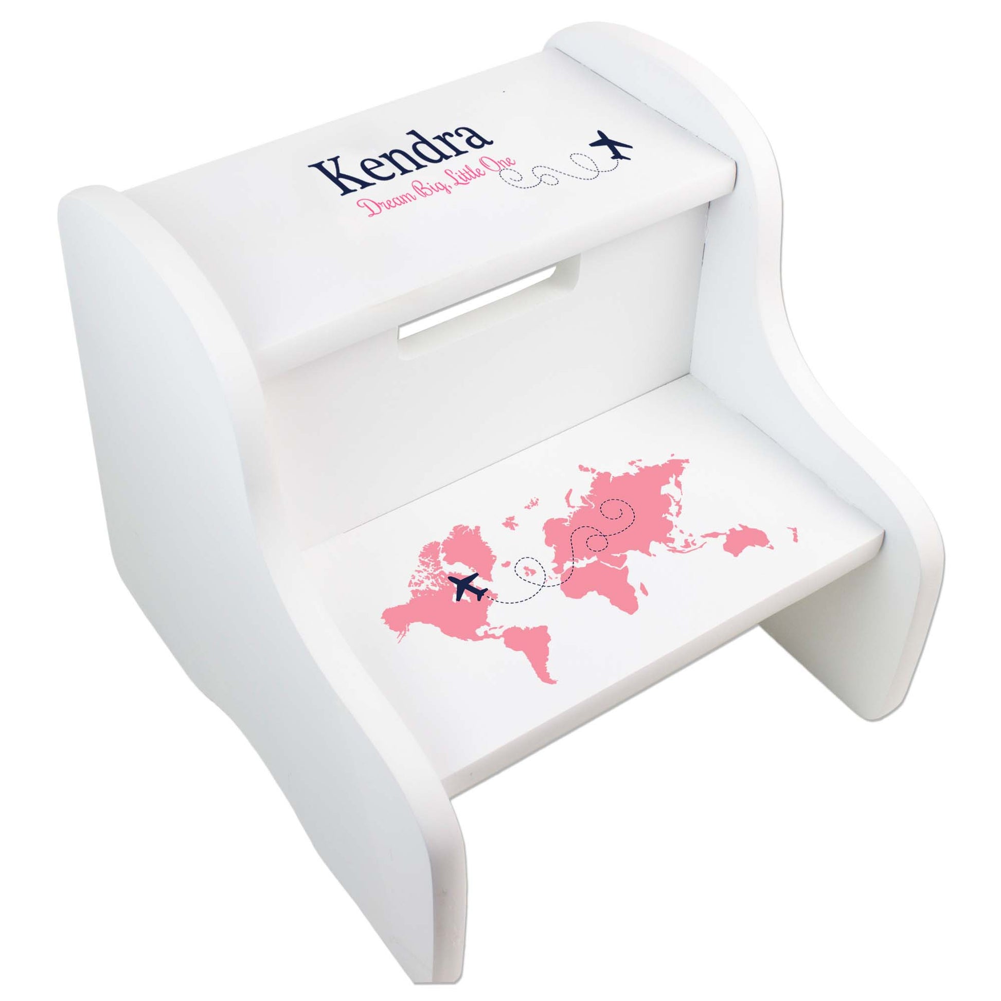 Personalized World Map Pink White Two Step Stool
