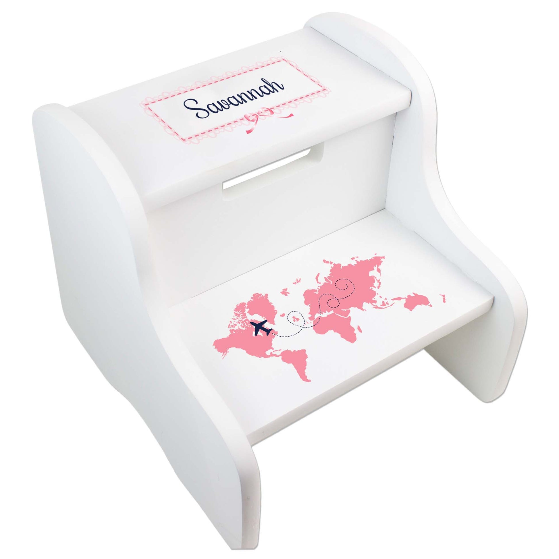 Personalized World Map Pink White Two Step Stool