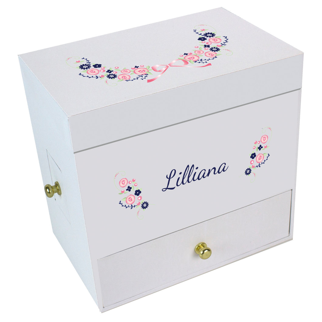 Navy Pink Garland Deluxe Musical Ballerina Jewelry Box