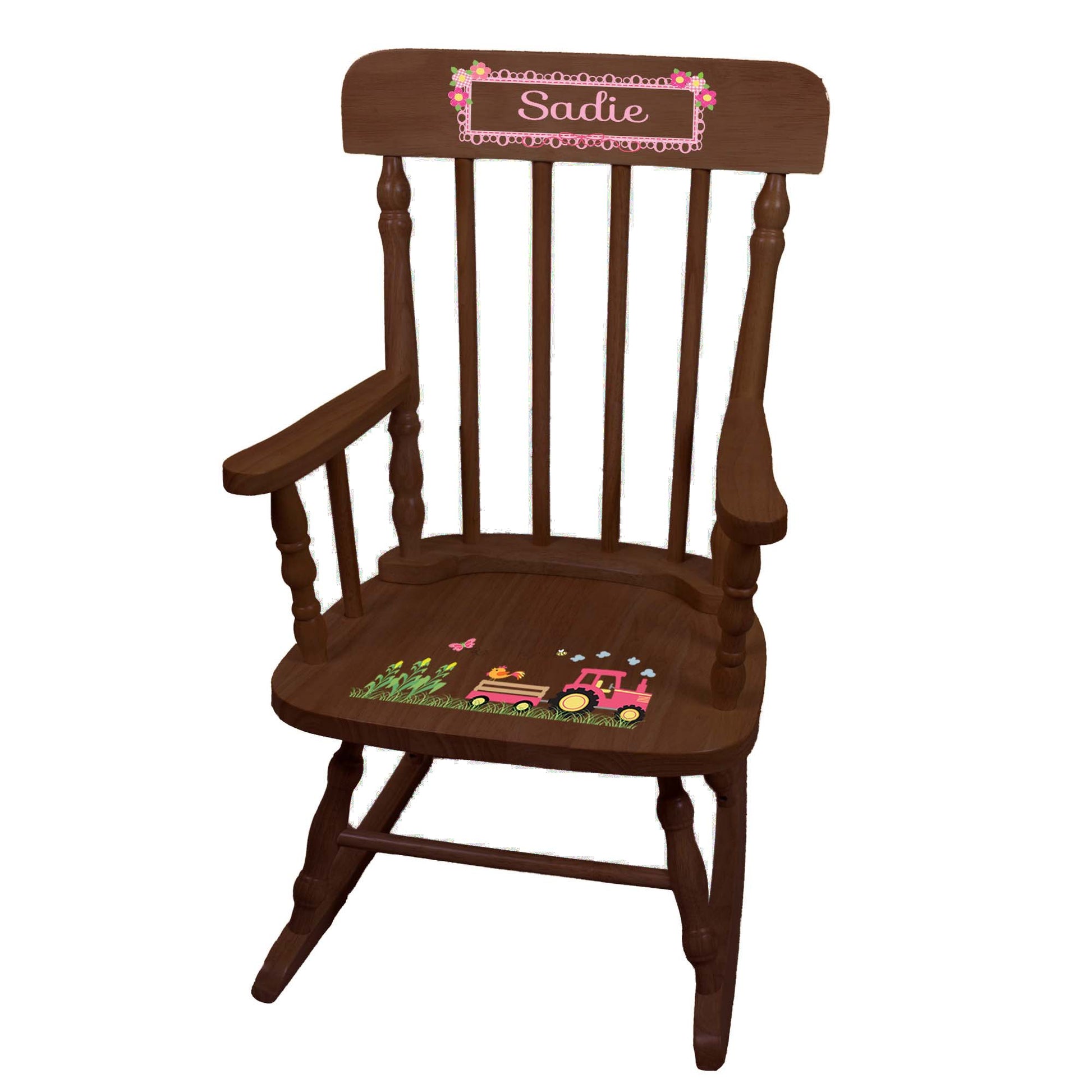 Girl's Pink Tractor Spindle Rocking Chair-Espresso