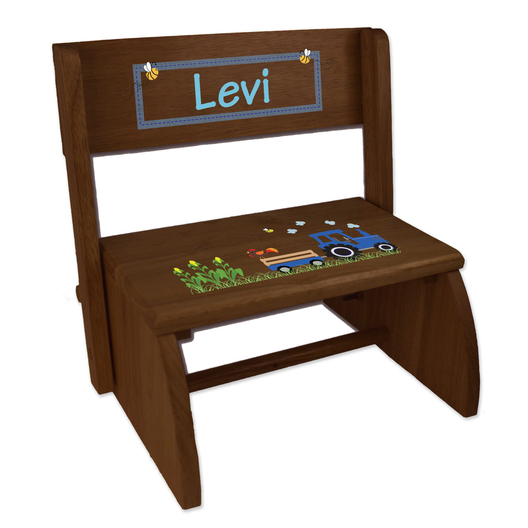 Personalized Espresso Flip Stool Blue Tractor Design