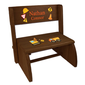 Personalized Construction Childrens And Toddlers Espresso Folding Stool