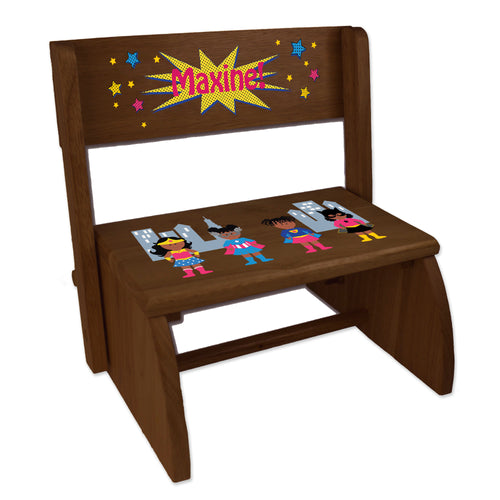 Personalized Childrens Espresso Folding Stool Super Hero Girl African American