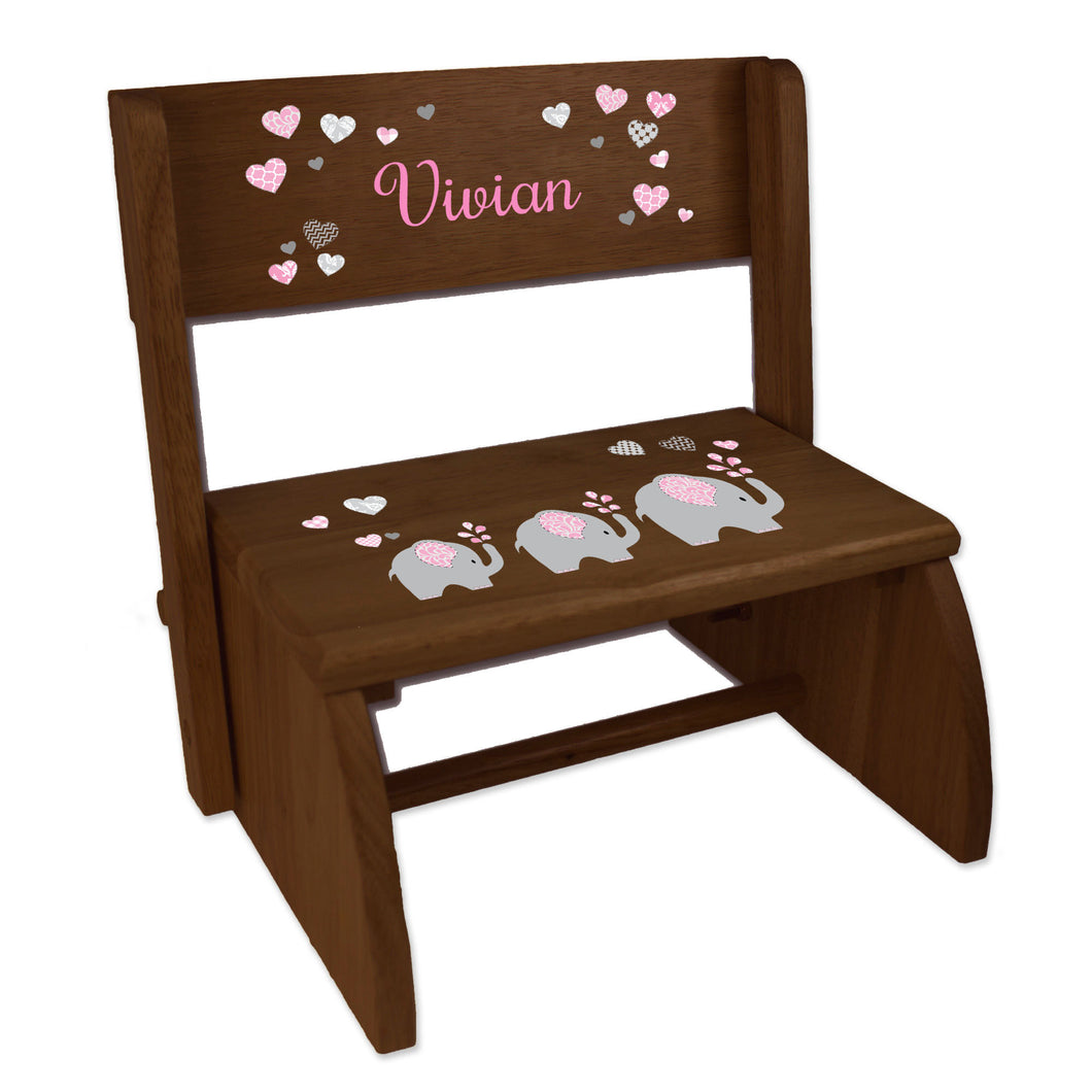 Personalized Pink Elephant Childrens And Toddlers Espresso Folding Stool