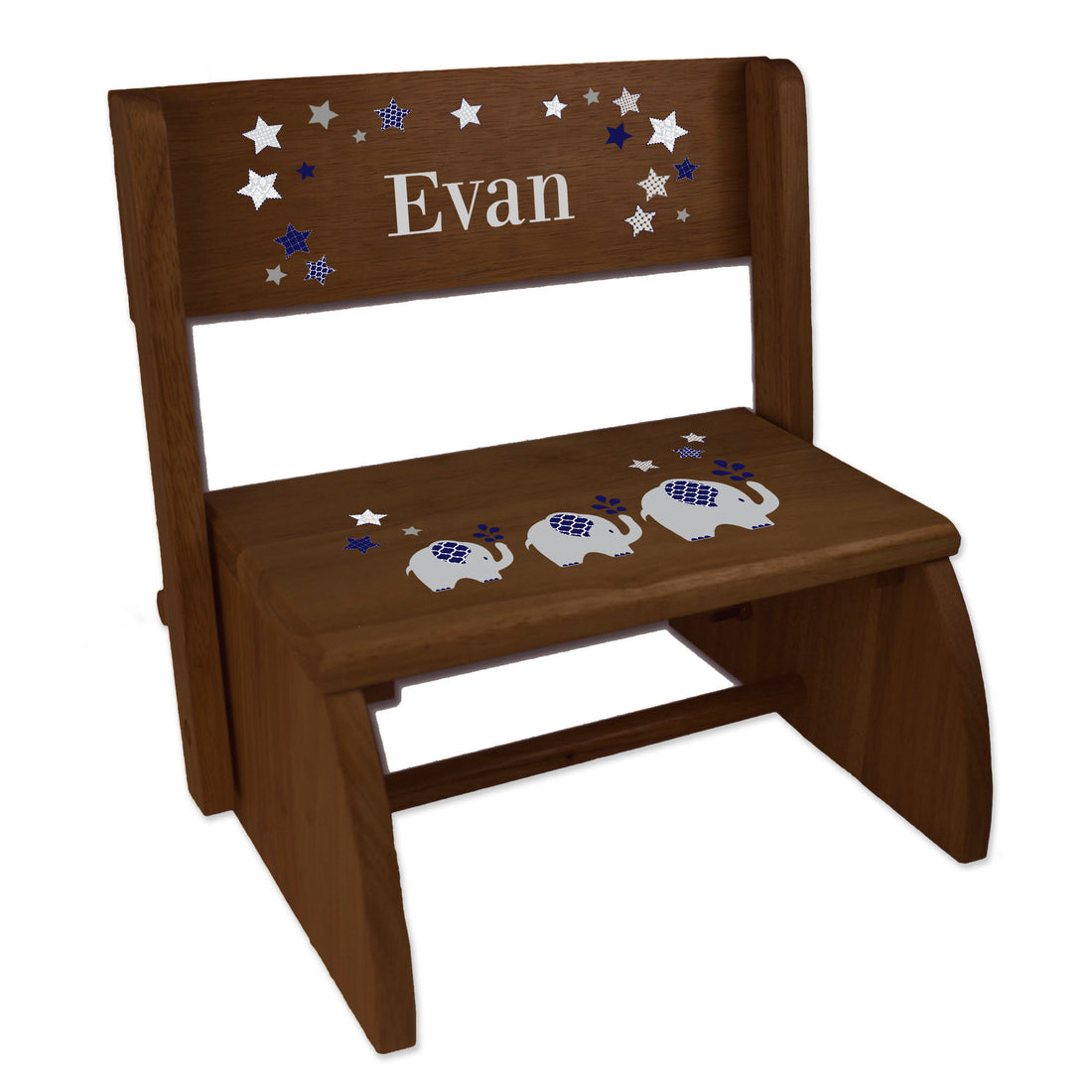 Personalized Navy Elephant Childrens And Toddlers Espresso Folding Stool